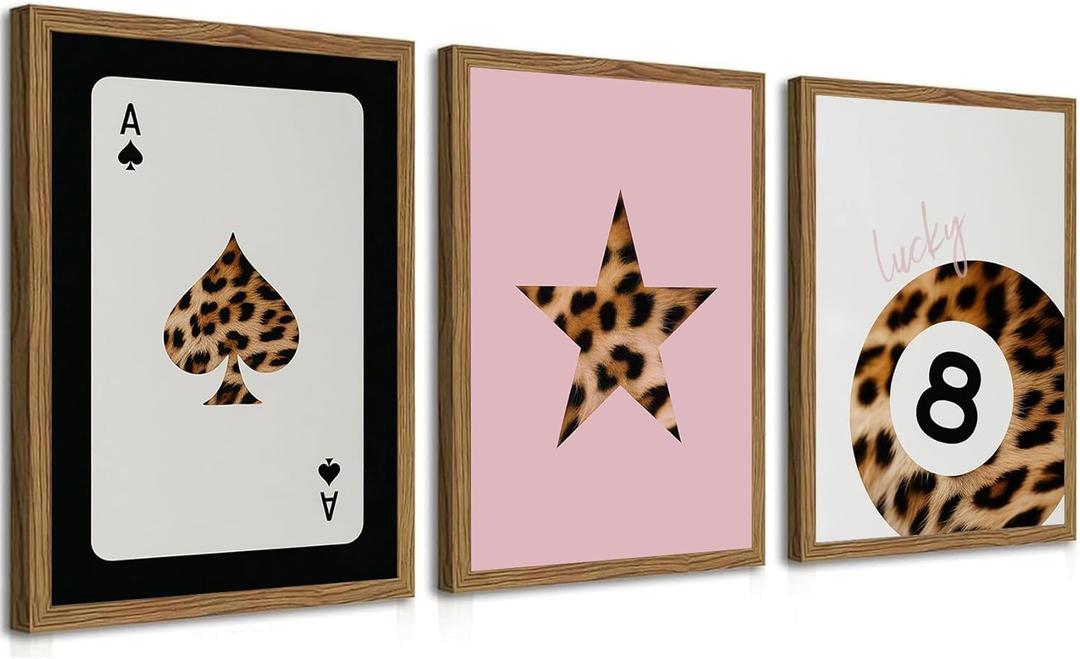 Pink and Black Leopard Wall Art, Lucky Girl 8 Ball Wall Decor Set of 3 Cheetah Lucky Star Poster Canvas Prints, Coquette Modern Teen Pictures for Bedroom Living Room 16x24 Inch Framed