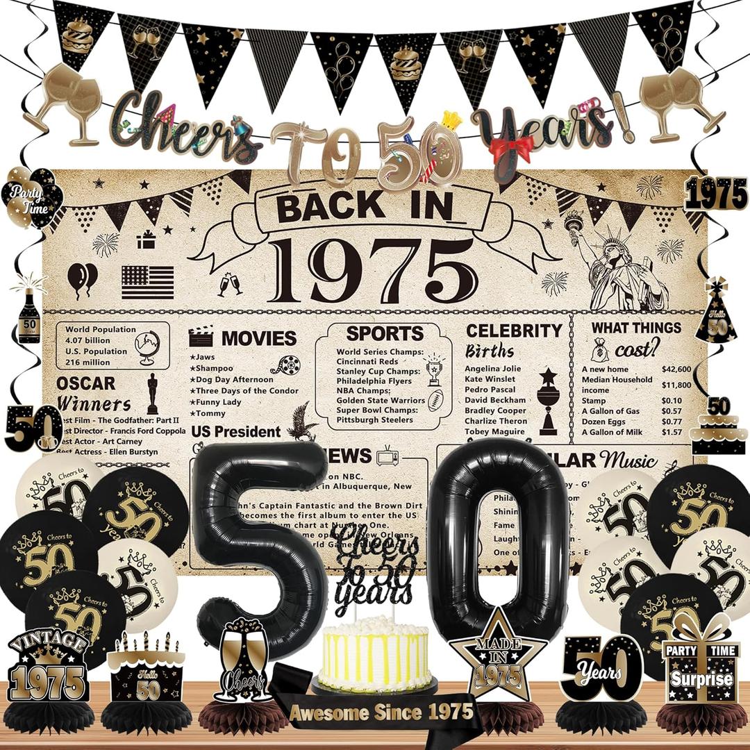 DARUNAXY 50th Birthday Party Decorations for Men Women, Vintage Back in 1975 Banner, Black 50 Number Balloons & Cake Topper, Vintage 1975 50 Birthday Honeycomb Hanging Swirl Confetti Balloons(28PC)