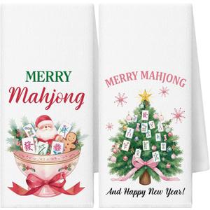 Moukeren 2 Pcs Merry Mahjong Christmas Tree Kitchen Towels Pink Chinoiserie Mahjong Gifts Happy New Year Dish Tea Towels for Xmas Gifts Mah Jong Players Lovers Party Favors Decorative, 16x24 Inch