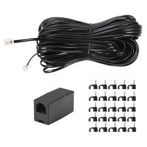 Vthahaby 100 FT Telephone Extension Cord Phone Cable Line Wire,Black, with Standard RJ11 Plug and 1 in-Line Couplers and 15 Cable Clip Screw for Calling Communication