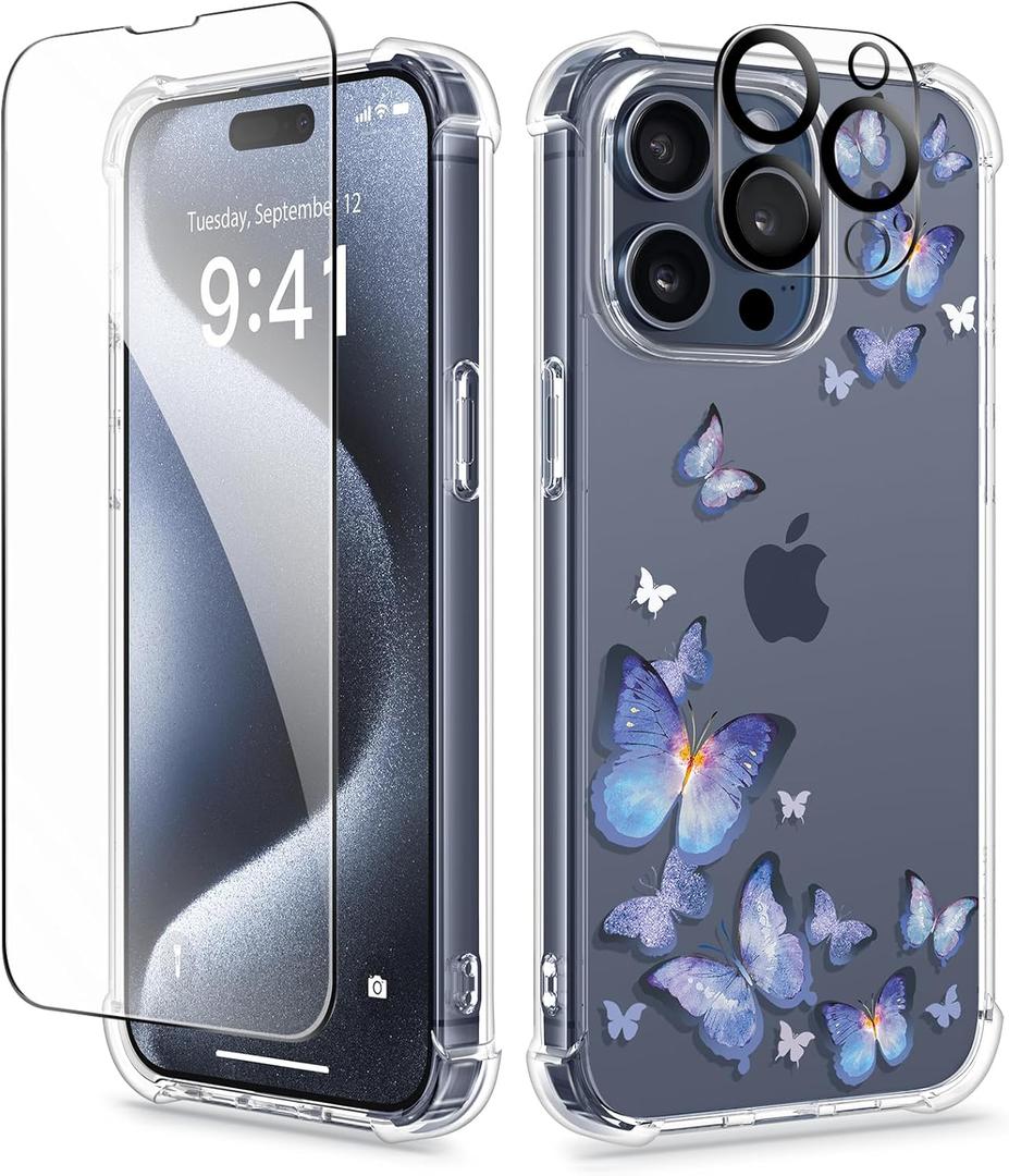 GVIEWIN for iPhone 15 Pro Max Case, [3 in 1] with Screen Protector & Camera Lens Protector, Clear Hard Shockproof Slim Fit Floral Phone Cover for Women Girls 2023 6.7"(Butterfly/Blue) (for iPhone 15 Pro Max (6.7 inch))