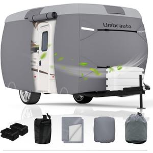 Umbrauto Fiberglass Travel Trailer Cover Fits 8'-10' Trailers, 2023 Upgraded 7 Layers Top Camper RV Cover with Windproof Strap,Adhesive Repair Patches