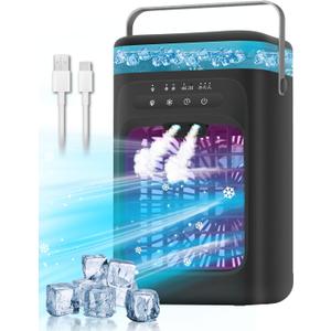 Portable Air Conditioner, 4-in-1 Evaporative Air Cooler, Personal Cooling Fan with 3 Speeds, 2 Mist Modes, 7 LED Night Light, 2-4H Timer, Quiet Mini Air Cooler for Bedroom Office Camping