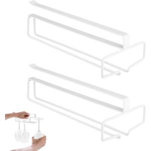 Under Cabinet Stemware Rack Heavy Duty No Drill Clamp-On  Glass Hangers, 2-Pack Under Shelf Organizer for 10+ Glasses, Rust-Proof for Home & Commercial Bars(White)