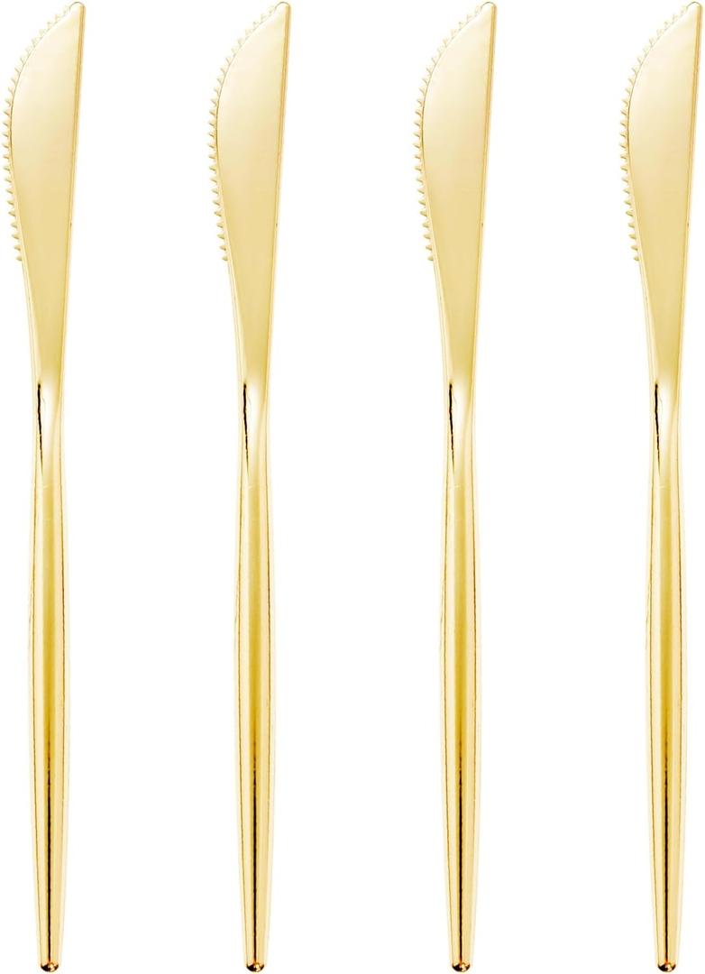 I00000 90 Pcs Gold Plastic Knives,Plastic Silverware, Gold Disposable Utensils, Heavy Duty Disposable Knives Dinnerware Perfect for Parties, Wedding & Dinners
