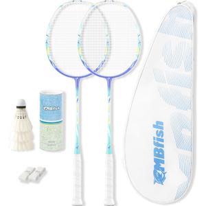 MBFISH Badminton Racket Set with 2 Carbon Fiber Rackets, 3 Shuttlecocks, 2 Replacement Racket Grip Tapes and 1 Badminton Bag - Perfect for Beginners & Outdoor Games 4U Whale 2P