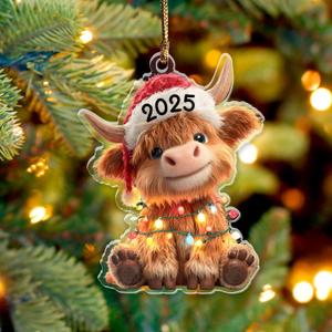 Highland Cow Christmas Ornament 2025, Farmhouse Animal 3.75" (2D Flat) Double-Sided Acrylic Ornament, Gift for Highland Cow Lovers, Farmers, Women, Friends, Family, Farm Xmas Hanging Tree Décor