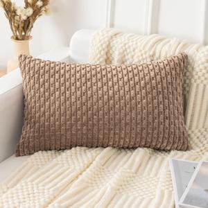 UGASA Soft Corduroy Decorative Pillow Cover 12x20 Inch Boho Striped Oblong Throw Pillow Cover Modern Home Decor for Sofa Living Room Couch Bed Light Brown, 1 Piece