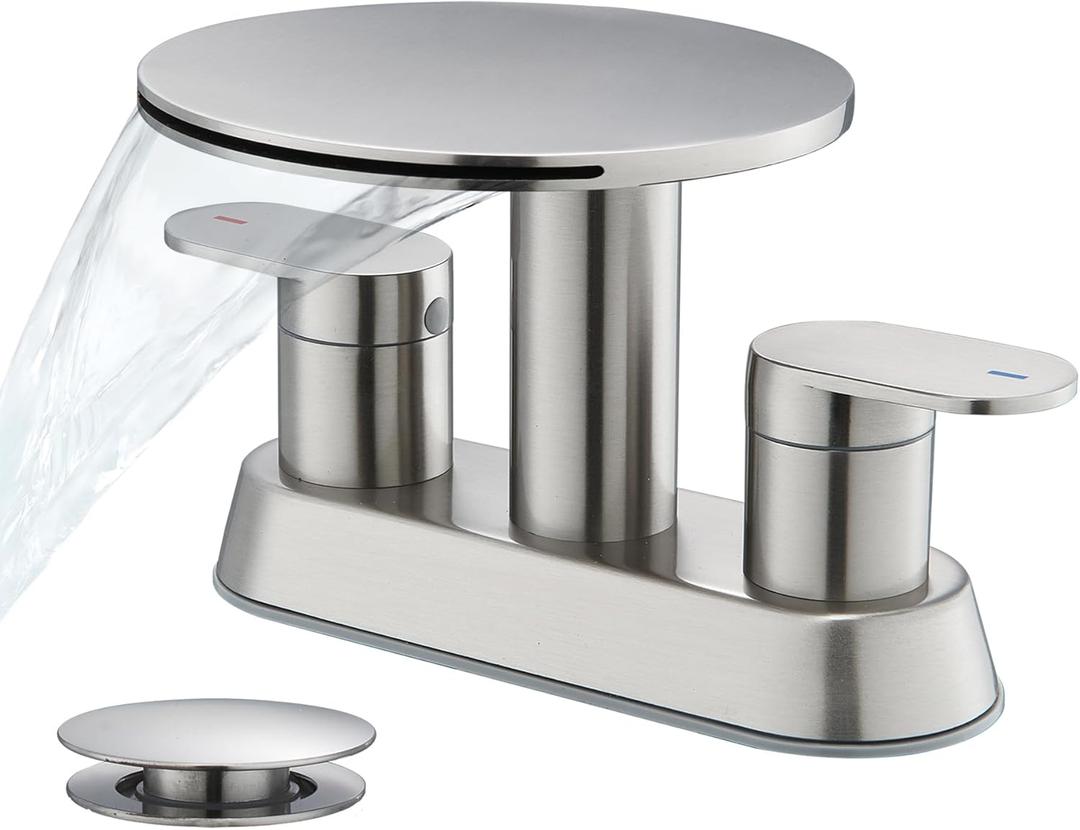 Waterfall Bathroom Sink Faucet 3 Hole Brushed Nickel Modern 2 Handle Vanity Faucet for Bathroom Sink 4 inch Center Set with Round Shelf & Metal Pop-Up Drain