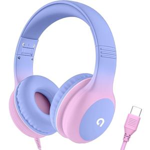 Wired Kids Headphones with USB C Plug, 85dB Safe Volume, Adjustable Headband, Tangle-Free Cord Headphones for School, Tablet, Travel (Light Purple & Pink, Without Microphone)