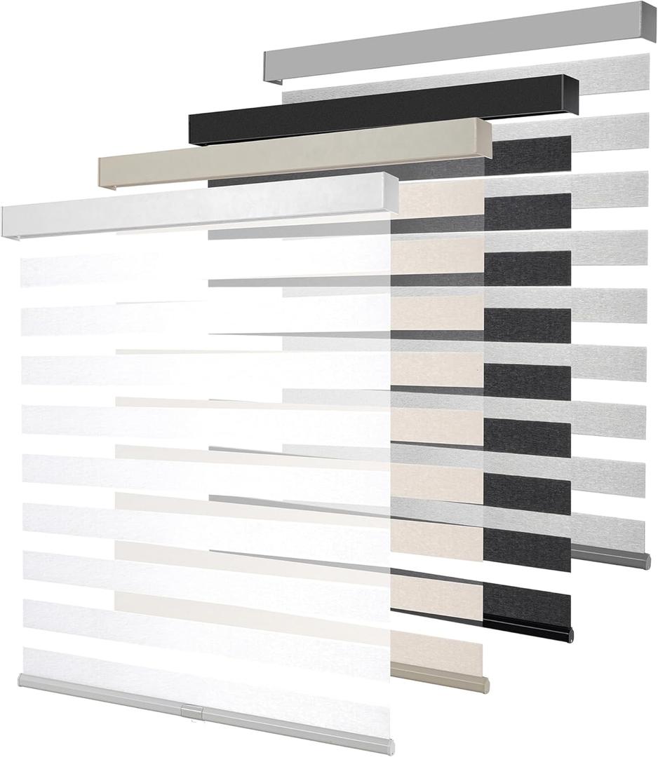 Cordless Zebra Blinds for Windows, Free-Stop Pull Down Roller Window Shades with Valance, Light Filtering Dual Layers Sheer Shades for Home and Office, White, 55" W x 72" H