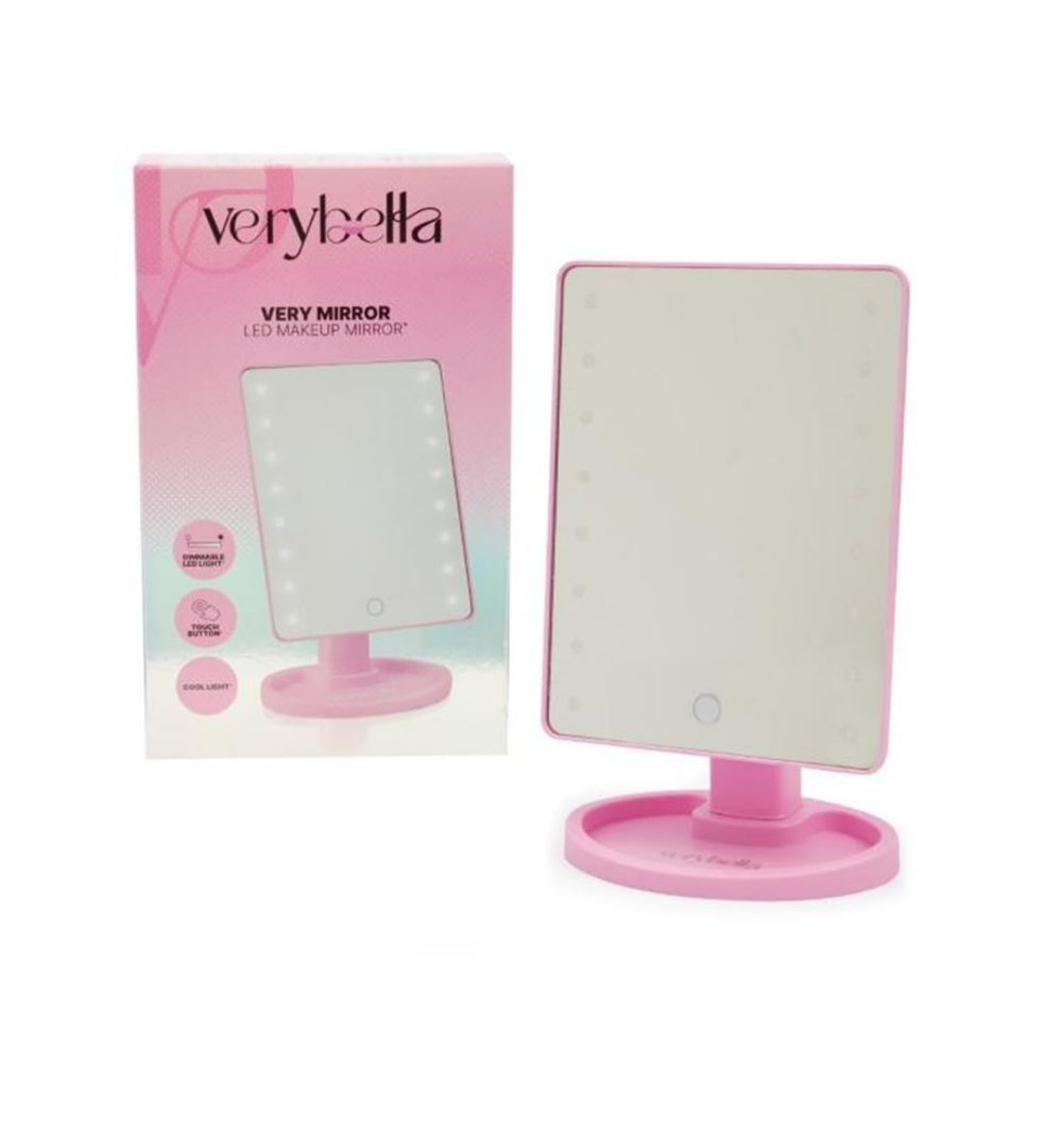 Verybella Make-Up Mirror for Table Colour Pink LED Lights Adjustable Turn On Touch Turn and Tilt up to 180 Degrees Size 6 x 10 in, White.