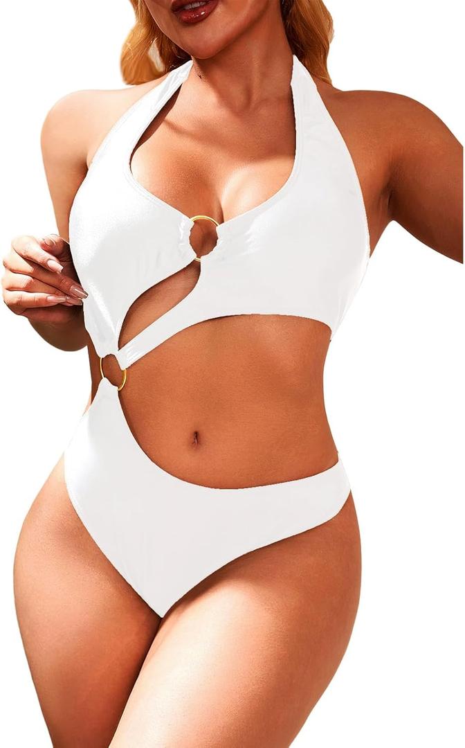 Women One Piece Swimsuit Slimming Cutout Fashoin Swimwear Metal Ring Bathing Suit Female Beachwear (X-Large, White)