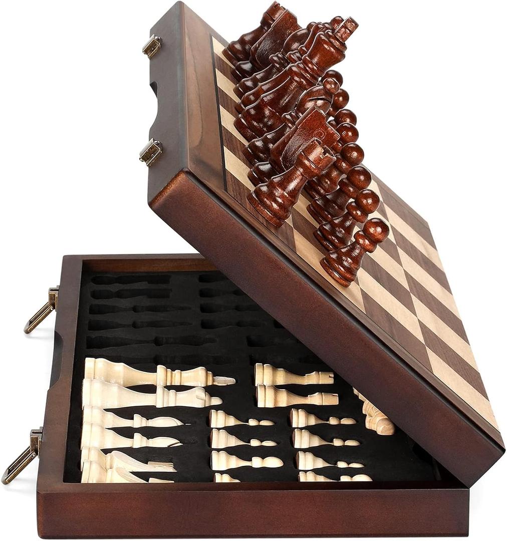 Magnetic Wooden Chess Set for Adults Kids 15'' Chess Board with Handmade Pieces, Folding Portable Travel Unique Chess Sets Game for Tournament Professional Beginner
