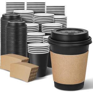 Ginkgo 8 oz (100 Pack) Disposable Paper Coffee Cups with Lids and Sleeves, Heat-Resistant Leak-Proof Black To Go Paper Cups for Hot Coffee, Cocoa, Chocolate and Espresso