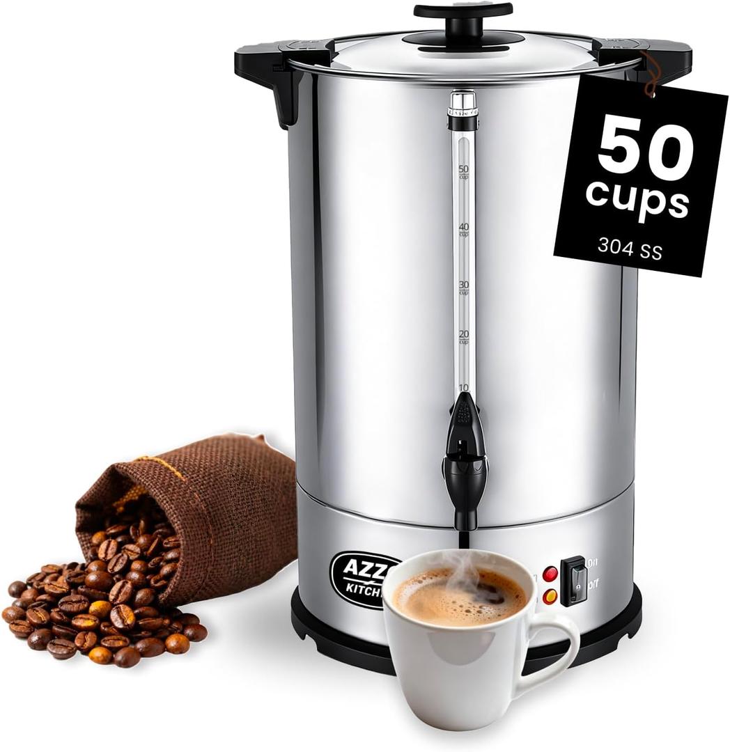 Commercial Coffee Maker 50-Cup Large Coffee Urn with Percolator Coffee Pot Electric 8L Stainless Steel Fast Brew Hot Water Dispenser for Tea Catering Events Home Office Easy Cleaning (Silver)