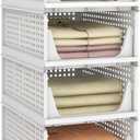 Pinkpum Stackable Plastic Storage Basket, Foldable Closet Organizers and Storage Bins 4 Pack Drawer Shelf Storage Container for Wardrobe Kitchen Bathroom Office Dorm White