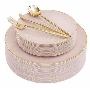 I00000 150 PCS Pink Plastic Plates for Party,Heavy Duty Pink Disposable Plates,Gold Dinnerware Set Include 30 Dinner Plates,30 Dessert Plates,30 Gold Plastic Silverware Set for Valentine's Day