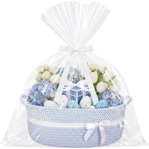 Colingmill Woven Basket for Gift Empty with Cellophane Wrap Set 14 x 10 x 5.5 Inch, Medium Decorative Gift Basket Empty to Fill, Cotton Rope Storage Box Decor(Blue White)