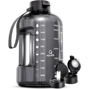 AQUAFIT 1 Gallon Water Bottle with Time Marker - Straw & Chug Lid - BPA Free Gym Water Bottle with Straw - Big Gallon Jug (Gray, 128 oz - 2 Lids)