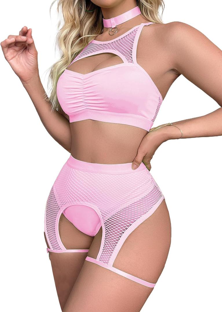 Rave Outfits for Women Festival Fishnet Lingerie Set Booty Shorts 3Pcs Babydoll Cutout Nightwear with Choker (Large, Pink)