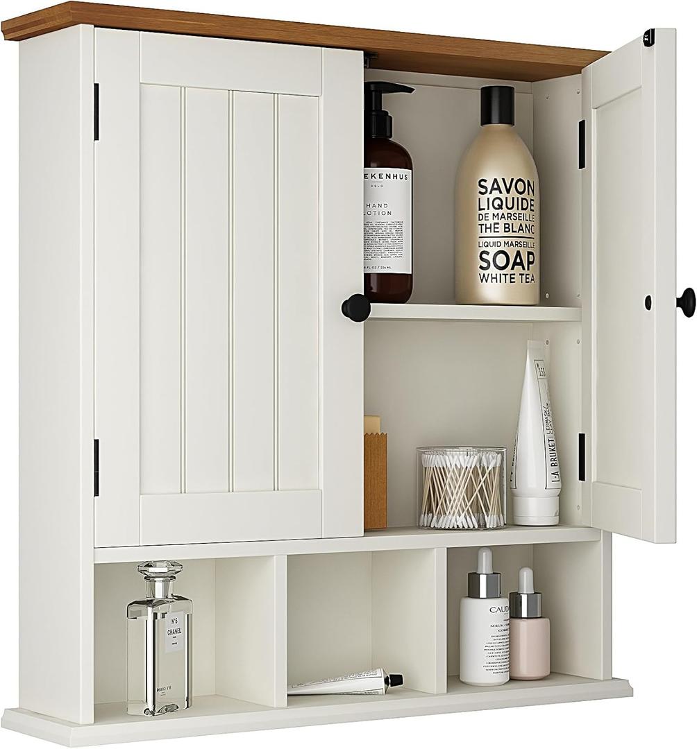 ChooChoo Bathroom Cabinet Wall Mounted 2-Door with 3 Open Shelves Wooden Medicine Cabinets with Adjustable ShelfSpace Saver Storage Cabinets Over The Toilet for Bathroom&Living Room,White Brown (1 pack)