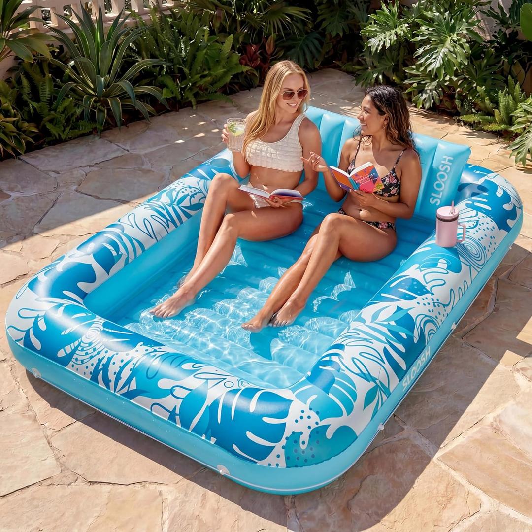 SLOOSH Inflatable Tanning Pool Lounger Float, 85" x 57" Extra Large Pool Floats Adult with Pillow, 4 in 1 Suntan Tub Raft Floatie, Sunbathing Bed Lounge for Water Blow Up Ball Pit Party Gifts, XL, Blue