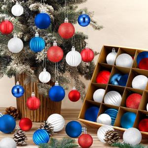 64 Pcs Veterans Day Patriotic Christmas Ball Ornaments Bulk Red White Blue Christmas Tree Ornaments 1.6/1.97/2.4 Inch Xmas Baubles 4th of July Xmas Decorations for Tree Home Wreath Decor