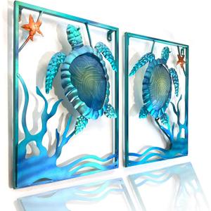 LIFFY Metal Sea Turtle Beach Themed Bathroom Wall Art Decor with Frame-Outdoor Wall Art with LED Fairy Lights, Fish Glass Art Wall Sculpture for Patio,Beach,Garden,Yard,Pool,home gift(2pcs, Blue)