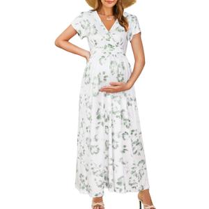 OUGES Maternity Maxi Dress Wrap Baby Shower Pregnancy Dresses for Photoshoot Maternity Outfits Summer Clothes 2026 (Medium, White Green Floral)