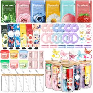 Demissle 60 Pcs Spa Party Supplies Women Sleepover Birthday Favors Bachelorette Slumber Gifts Include Glass Cup, Facial Masks, Lip Balm, Hand Cream, Hairpin, Hair Ring, Hair Band, Compressed Towel