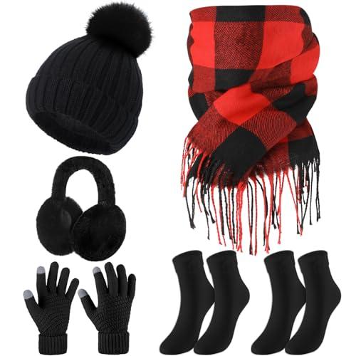 Geyoga 6 Pcs Winter Hat Scarf Gloves Set Knitted Touchscreen Gloves Plaid Scarf Earmuffs Socks Gift for Women Men (Black,Classic)