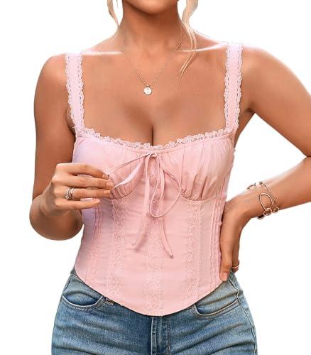 KUTUMAI Lace Corset Top Y2K Cute Square Neck Bustier Going Out Tank Crop Tops for Women Trendy Summer Pink XS