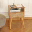 MaxSmeo Mid Century Modern Nightstand with Charging Station, Bedside Tables with Rattan Drawer, Small Wood Nightstand Side Table for Living Room,Bedroom (Brown), 11.8 Inches X 15.7 Inches X 23.6 Inches