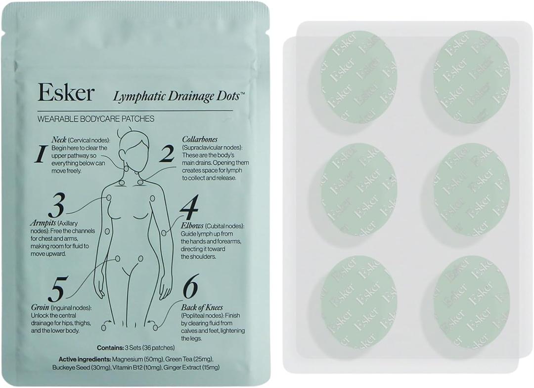 Esker - Lymphatic Drainage Dot Wearable Lymphatic Support Patches with Magnesium, Green Tea & Ginger De-Puffing Body Massage Activation Dots (36 Patches)