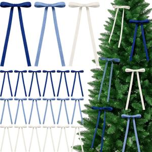 Chuangdi 30 Pcs Blue Velvet Ribbon Bows Christmas Tree Ornaments 5x9 Inch Vintage Blue White Double-Sided Premade Velvet Gift Wrapping Bows for Tree Garland Wreath Xmas Decorations, 3/8'' Wide