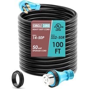 CircleCord UL Listed 50 Amp 100 Feet RV/Generator Cord with Locking Connector, Heavy Duty 6/3+8/1 Gauge STW Wire, 14-50P Male and SS2-50R Twist Locking Female for RV Camper and Generator to House