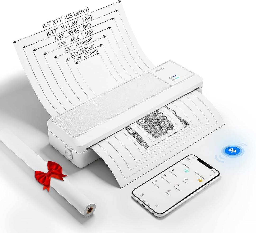vretti P83 Portable Printers Wireless for Travel, A4 Portable Thermal Printer, Mobile Inkless Printer Compatible with Phone & Laptop, Supports 8.5 x 11 US Letter for Car School Office Home Use, White