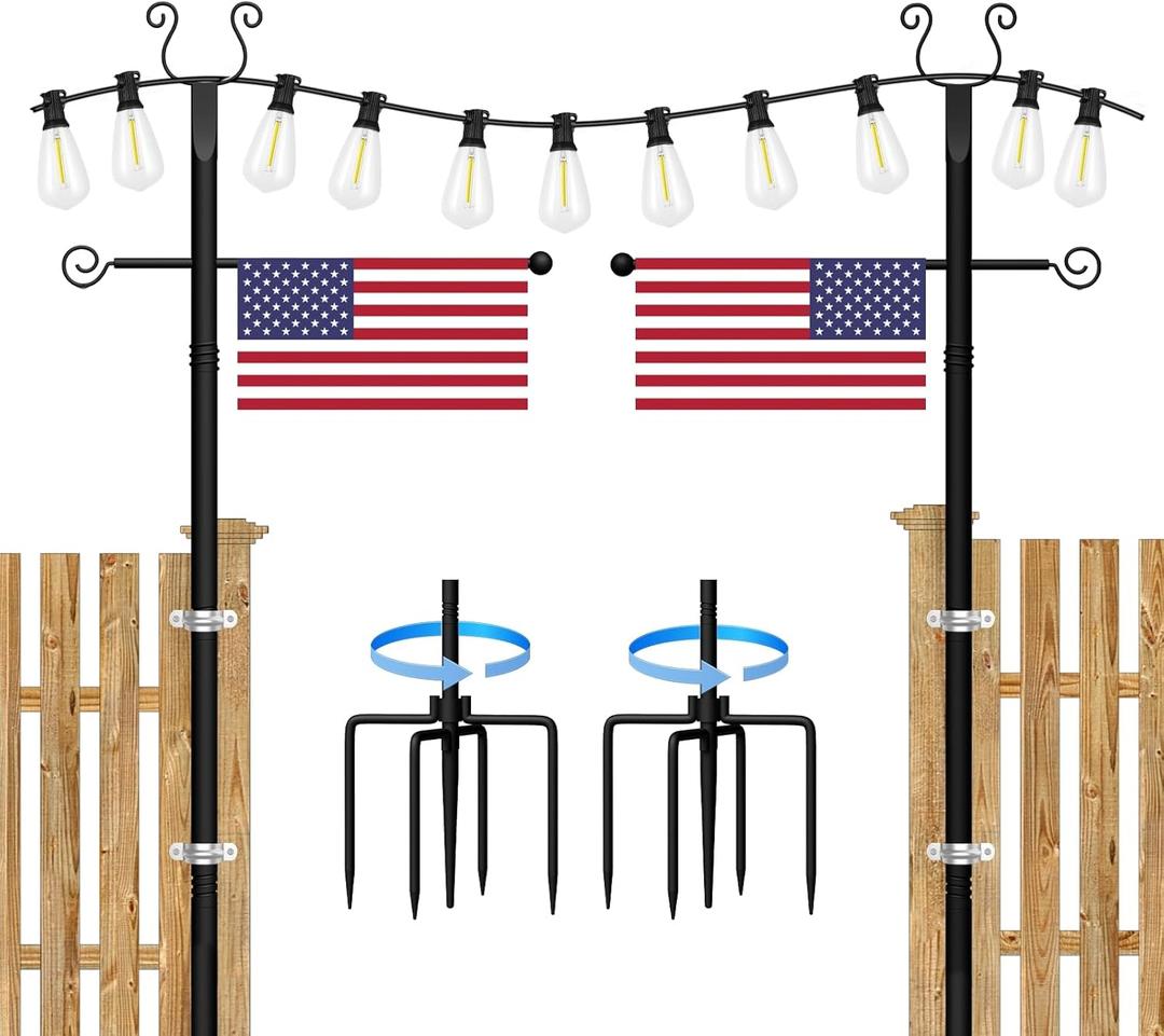 2 Pack String Light Poles - 10 Ft Patio Heavy Metal Lighting Posts, Adjustable Outdoor Stand with Fork for Backyard Deck Garden Wedding