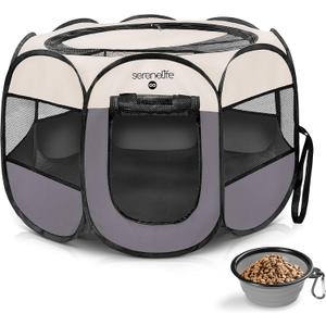 SereneLife ON-The-GO Foldable Portable Pet Tent 8-Panel Playpen for Dog & Cat w/Food/Water Bowl, Mesh Exercise Puppy Playground, Pet House Indoor & Outdoor, Travel & Camping Pet Kennel (Grey - Small)