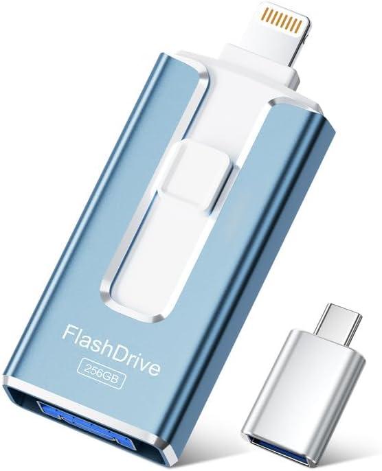MFi Certified Flash Drive for iPhone iPad 256GB, Photo Stick for External Memory Storage, Easily Back Up and Save Photos Videos, USB Memory Stick Thumb Drive for iPhone/iPad/Android/PC (Sky Blue)