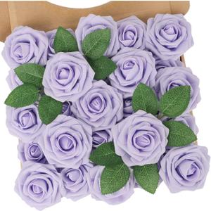 N&T NIETING Purple Artificial Flowers, 25pcs Artificial Flowers Bulk Fake Flowers Roses with Stem for DIY Wedding Bridal Bouquet Baby Shower Home Decoration, Lavender