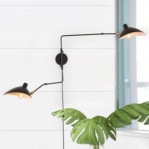 COSYLUX Modern Plug in Wall Sconces, 2-Light Double Swing Arm and Rotatable Beetle Shade Metal Wall Lamp, Vintage Reading Wall Light for Bedroom, Living Room and Study Decor, Black