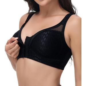 Posture Back Support Plus Size Front Closure Bra Wireless Full Coverage for Women (Black)