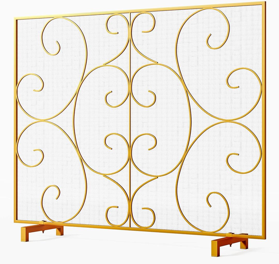 Kingson Single Panel Decorative Flat Fireplace Screen Stand Alone Cover Handcrafted Durable Metal Mesh, Heat-Resistant Free Standing Fireplace Spark Guard Mesh 37.8" L x 8.8" W x 30.7" H Gold