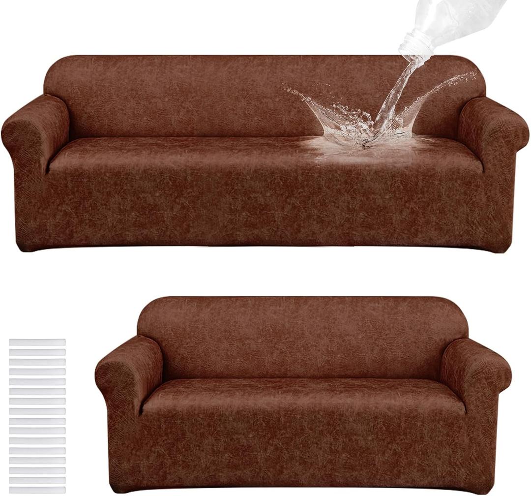 Peryiter 2 Pcs Sofa Covers Loveseat Couches Covers for Living Room Slipcover Set Furniture Protector for Couch Arm Chair, Form Fit Stretch, Wrinkle Proof(Dark Brown,Tech Cloth)