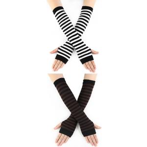 Urieo 2 Pairs Winter Arm Warmer Knit Long Fingerless Gloves Knitted Elbow Length Wrist Warmers with Thumb Hole for Women (Black)