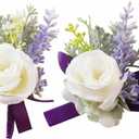 MAFELOE 2 Pieces of Wrist Corsage and Boutonniere Set, Artificial Flowers Accessories Suit Decor for Wedding Prom Party Homecoming Ceremony Anniversary - Purple+White