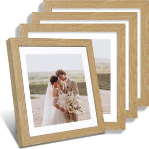 12x12 Picture Frame Set of 4 - Made of Glass and Natural Oak Wooden Frame, Display Square Pictures 10x10 with Mat or 12 x 12 without Mat, Desktop & Wall Collage Photo Frame