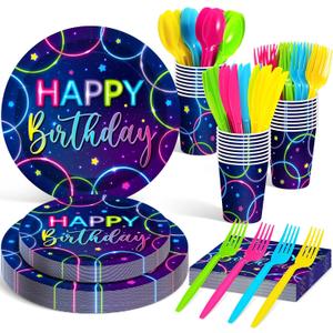 Meanplan Serves 24 Guests Neon Happy Birthday Party Plates and Napkins Neon Glow Birthday Tableware Set Let's Glow Party Decorations for Kids Included Cups Knives Forks Spoons Total 168 Pcs